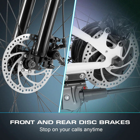 Front and rear disc brakes of Foldable 750W Peak Electric Mountain Bike For Adults, 20 MPH Folding Ebike With Battery
