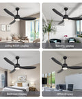 Black Boss 52 Inch Ceiling Fan With Remote And Light Dimmable 22W LED Light shown in living room, balcony, bedroom, and office.