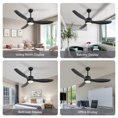 Black Boss 52 Inch Ceiling Fan With Remote And Light Dimmable 22W LED Light shown in living room, balcony, bedroom, and office.