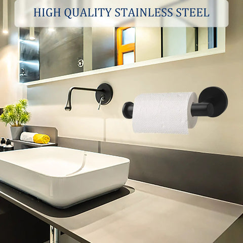 Matte Black Bathroom Hardware Set 3 Piece Premium Stainless Steel Wall Mount Kit With 5 Inch Toilet Paper Holder on wall