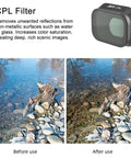 Comparison of images showing CPL filter effect on water with Pro-Grade Drone Lens Filter Kit For Mavic Mini 3 Pro With MCUV CPL And ND8 ND16 ND32 ND64 ND256 Filters For Glare-Free, Vivid Color Aerial Shots And Crisp Contrast.