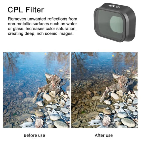Comparison of images showing CPL filter effect on water with Pro-Grade Drone Lens Filter Kit For Mavic Mini 3 Pro With MCUV CPL And ND8 ND16 ND32 ND64 ND256 Filters For Glare-Free, Vivid Color Aerial Shots And Crisp Contrast.