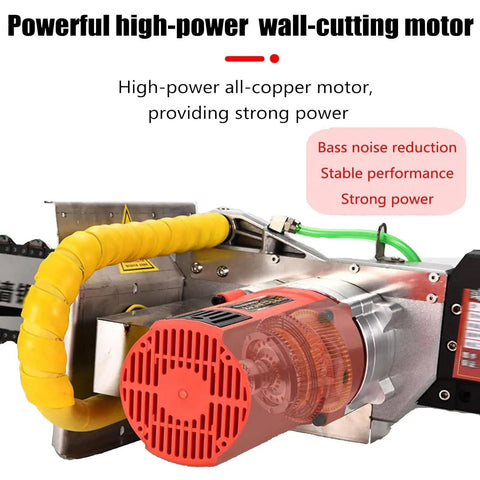 Pro Grade Diamond Wall Saw Built Tough For Zero Dust Grooving And Razor Slick Slotting Through Concrete Granite Masonry And Wood Up To 48 Cm Deep motor with yellow hose and red motor casing.