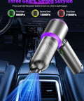Boss Level 80,000 RPM Vacuum And Air Duster 4 In 1 Handheld Cordless Cleaner displayed in car interior with suction power levels