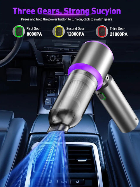Boss Level 80,000 RPM Vacuum And Air Duster 4 In 1 Handheld Cordless Cleaner displayed in car interior with suction power levels