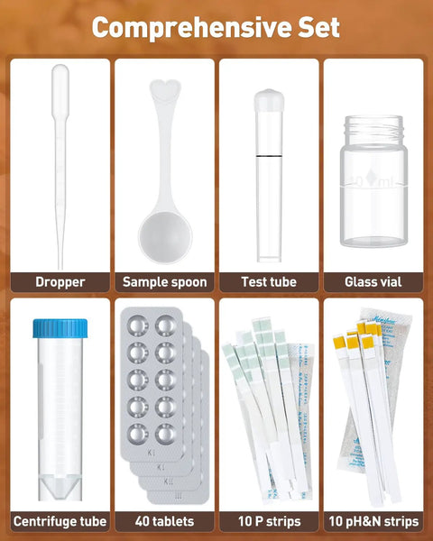 Comprehensive set of 4 In 1 Soil Test Kit For pH Nitrogen Phosphorus And Potassium, 40 Tests with tools and accessories displayed.