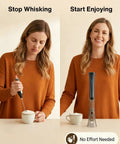 Rechargeable Milk Frother Handheld With Stand, Low Noise Electric Coffee Frother Wand With Stainless Steel Shaft, woman using frother