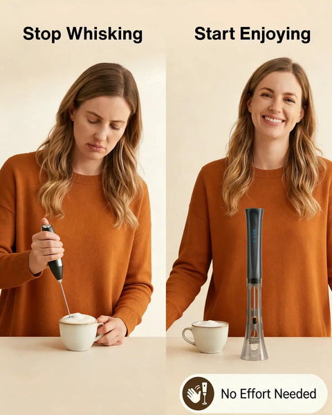 Rechargeable Milk Frother Handheld With Stand, Low Noise Electric Coffee Frother Wand With Stainless Steel Shaft, woman using frother