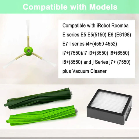 All In One Replacement Parts Kit For Roomba E I J And Plus Series Vacuum Cleaners With One Set Rubber Brush And Beefed Up Eight Filters And Eight Side Brushes Built From Durable PC For Smooth Quiet Cleaning compatible with models E5, E6, E7.