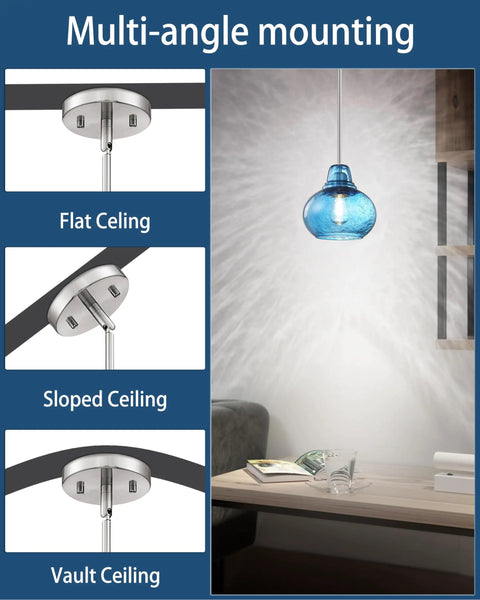 Two Pack Kitchen Island Pendant Lights With Hand Blown Brownish Blue Seeded Glass Shades Brushed Nickel Finish over table