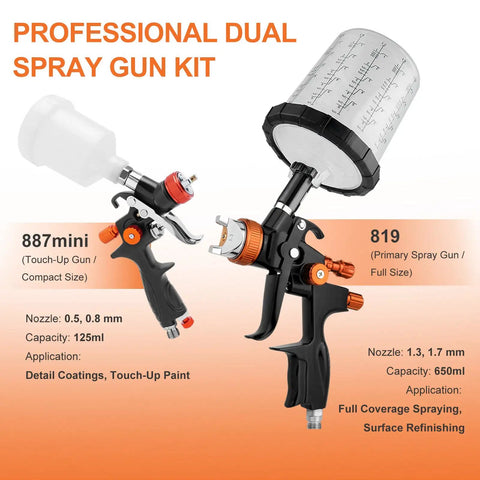 Premium Hvlp Air Spray Gun Kit Featuring Dual Precision Nozzles For Automotive Painting, includes 125ml and 650ml spray guns.