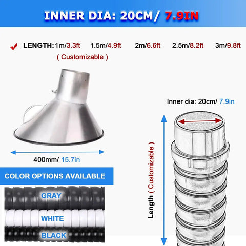 Flexible Air Extractor Hose With Hood 20cm Diameter 9 8ft Length Black Suction Pipe, 20cm inlet and hood shown