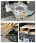 Collapsible car storage system with a sliding metal stove and wooden compartments for camping and tailgating.