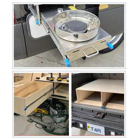 Heavy Duty Full Extension Drawer Slides With Lock Ball Bearing Telescopic Cabinet Hardware installed in kitchen and vehicle.