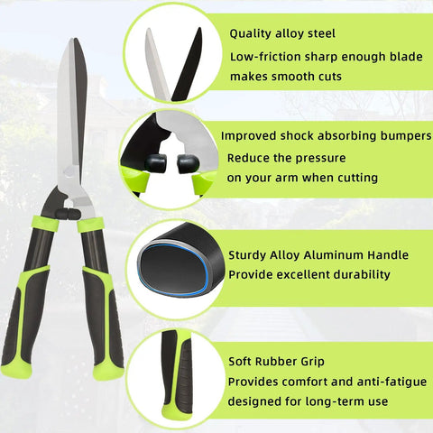 Pro Grade Hedge Clippers For Easy Pruning And Shaping Hedges With Sharp Blades, Non Stick Coating, Alloy Steel, Soft Rubber Grip Garden Shears