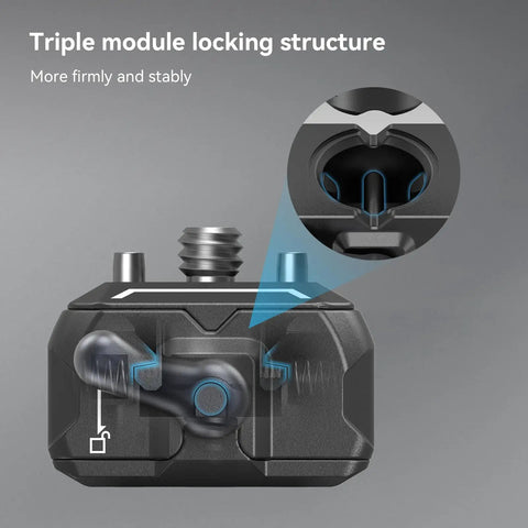 Drop In HawkLock Mini Quick Release Plate showing triple locking structure with 1/4-inch screw, secure mounting detail view.