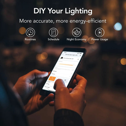 Person adjusting Motion Sensor Outdoor Lights With 450 Degree Wide Adjustment using a smartphone and Aidot APP interface.