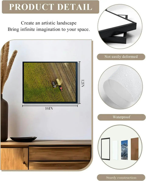 Golden Harvest Scene Canvas Wall Art 12x16 Black Framed Print Waterproof Anti Fading, displayed above a wooden console.