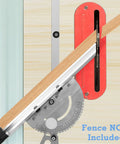 Professional Miter Gauge For Table Saw With Standard Three Quarters By Three Eighths Slot Rails on a table saw, showing setup for accurate cuts.