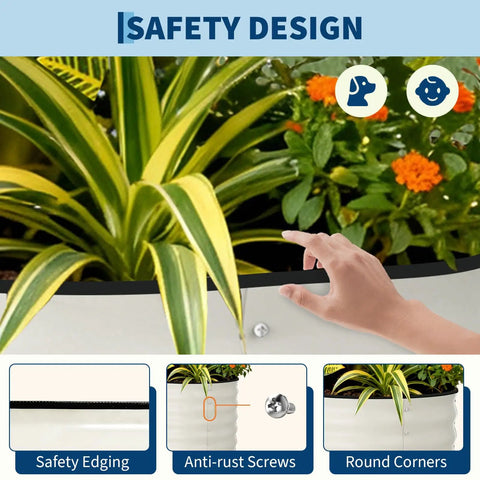 2 Pack 8x4x2 Ft Galvanized Raised Garden Bed Kit With Anti Cut Safety Edges, featuring close-up of plants and safety features.