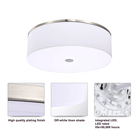 Flush Mount Ceiling Light With Brushed Nickel Finish And Linen Drum Shade 20 Inch LED Fixture Delivers 2000 Lumens Switchable