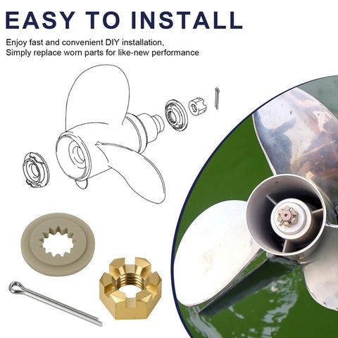Diagram and photos of All In One Marine Prop Nut Kit With Spacer And Cotter Pin For Outboard Motors 40 140 HP Replaces GLM 22350 Evinrude Johnson