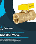 Brass Gas Ball Valve Half Inch FIP, Straight Inline, Quarter Turn Handle, image with yellow handle displayed