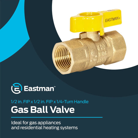 Brass Gas Ball Valve Half Inch FIP, Straight Inline, Quarter Turn Handle, image with yellow handle displayed