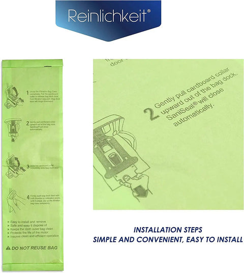 Fifteen Pack Type CC Vacuum Bags For Oreck XL Upright Vacuums shown with installation instructions on bag, emphasizing easy fit.