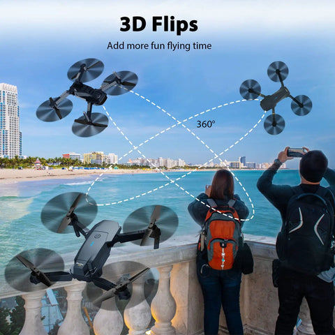 Foldable Camera Drone For Adults And Kids With 1080P FPV Video Easy Start RC Quadcopter performing 3D flips near a beach.