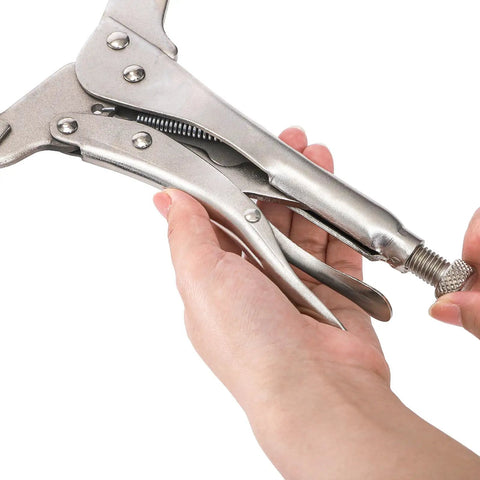 Hands adjusting 3 Pack 18 Inch Deep C Clamps With Swivel Pads, Heavy Duty Welding Clamps And Locking Pliers