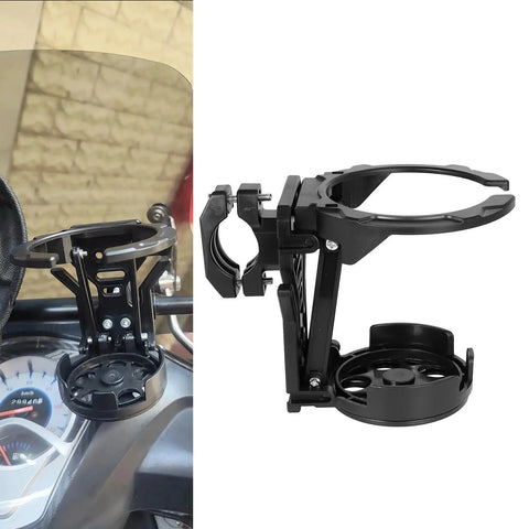 Black Clamp On Handlebar Cup Holder With Lower Tray Drainage Openings And Foldable Storage Friendly Design For Daily Rides On Bikes