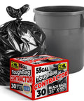Beefy 55 Gallon Contractor Trash Bags 2 Mil Thick Heavy Duty Drum Liners next to gray trash can and packaging box