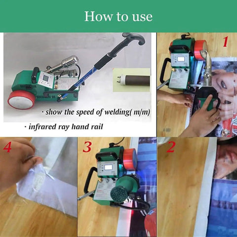 Illustration showing how to use the 1800W Automatic PVC Banner Welder With Auto Sleep Mode Portable Plastic Welding Tool