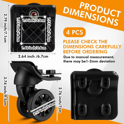 Four Pcs Luggage Wheel Replacement Set With Two Left And Two Right Caster Wheels Includes Screws And Screwdriver For Suitcase Repair Quiet Bearing Spinner Wheels For Smooth Rolling And Durable Travel Luggage Maintenance, showing product dimensions.