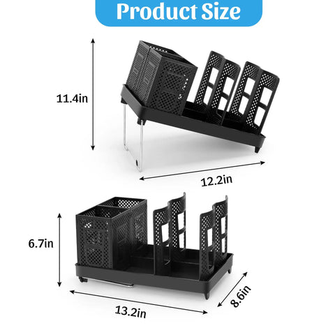 Diagram showing dimensions of Six-Compartment Cup And Lid Holder For Countertop With Straw Holder Tough Plastic Coffee Cup Rack.