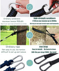 Comparison of ordinary and high-strength carabiners and ropes for durable camping hammock with mosquito net and rain fly.