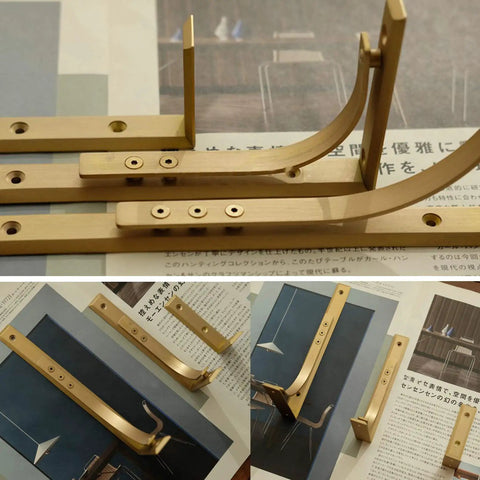 Heavy Duty Shelf Brackets Wall Mount Kickass Brass Metal Supports in various angles on a wood surface.