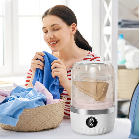 Woman using Compact Portable Washing Machine For Travelers And Students Slick Laundry Appliance in a bright room, feeling fresh laundry.