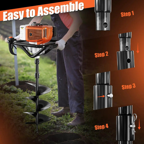 Gas Powered Auger Post Hole Digger With 72cc Engine Includes 6 Inch And 8 Inch Drill Bits Two Extension Rods, assembly guide