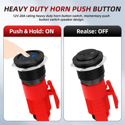 Diagram showing 12V 20A Beefy 16mm Metal Horn Button Switch with Blue LED in on and off positions