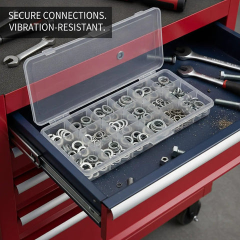 Galvanized Spring Lock Washers Kit M3 Through M30 High Carbon Steel Auto Repair Fasteners in red toolbox tray