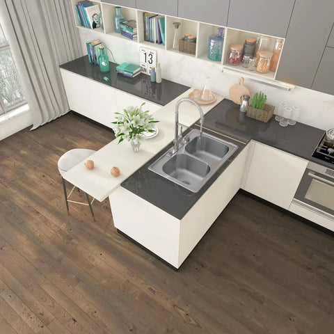 Overhead view of Drop In Double Bowl Kitchen Sink 33 Inch By 22 Inch By 9 Inch, 18 Gauge 304 Stainless Steel Satin Finish in modern kitchen.
