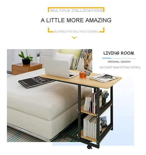 C Shaped Bedside Table With Heavy Duty Wheels And Locks Height Adjustable Laptop Workstation beside a sofa in a living room.