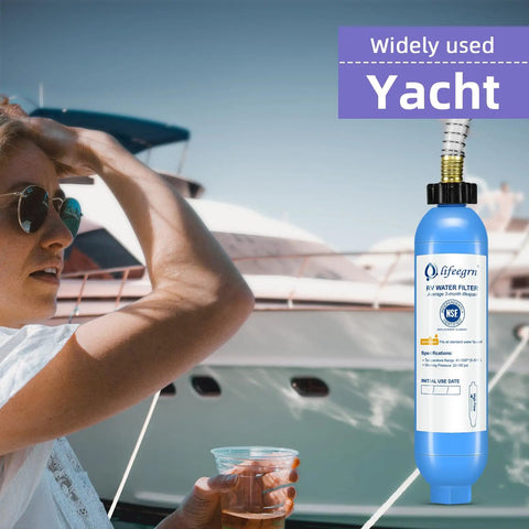 Heavy Duty Inline RV Water Filter With Hose Protector Quick Twist Fit Clears Chlorine Sediment And Rust From Your Tap Makes Campground Runs A Breeze In Blue next to a woman on a yacht.