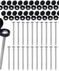 Heavy Duty 3 Inch Shutter Screws With Black Vinyl Caps Bulk Pack Of 24 Stainless Steel Fasteners arranged with caps and screws.