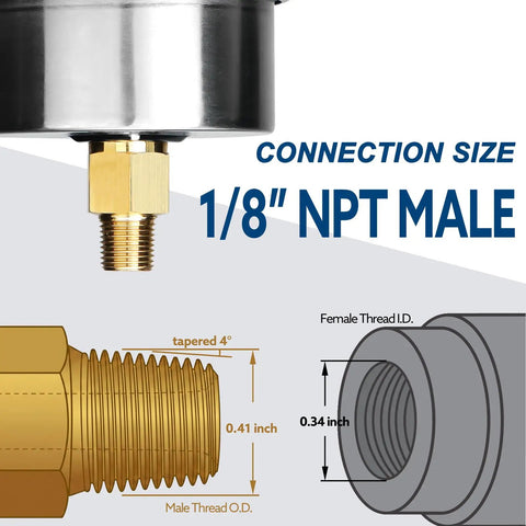 0-60 Psi Fuel Pressure Gauge 1/8 NPT Back Mount Brass And Stainless Steel Wetted Parts For Water Oil And Fuel Systems, Corrosion Resistant Dial Gauge Ideal For Fuel Regulators And Inline Testers, 1/8 NPT male connection