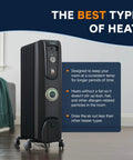 Oil Filled Radiator Space Heater 1500W with ComfortTemp Auto Thermostat, shown in living room setting, highlighting features