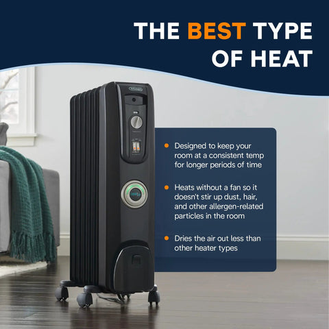 Oil Filled Radiator Space Heater 1500W with ComfortTemp Auto Thermostat, shown in living room setting, highlighting features