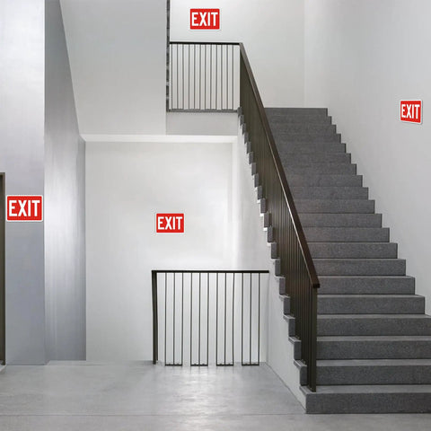 5 Pack Exit Signs For Doors And Walls, High Visibility Red Safety Stickers, Premium Self Adhesive Vinyl, Easy To Install, Durable Wall Or Door Mount, Ideal For Office Buildings, Schools, Retail Stores, And Commercial Spaces on stairwell wall